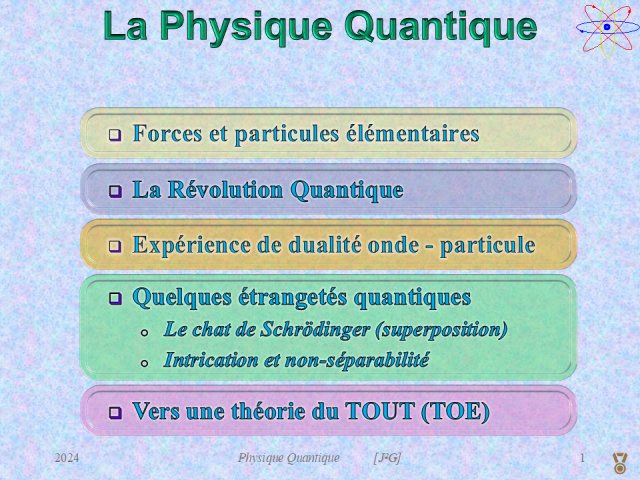 Agenda de la conférence n°2 avec 5 sections distinctes, notamment les étrangetés concernant la superposition d'états et l'intrication.
