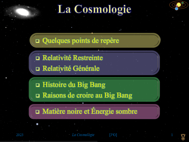 Agenda de la conférence n°3 avec 4 sections distinctes, avec notamment une section détaillant les 2 relativités d'Einstein.