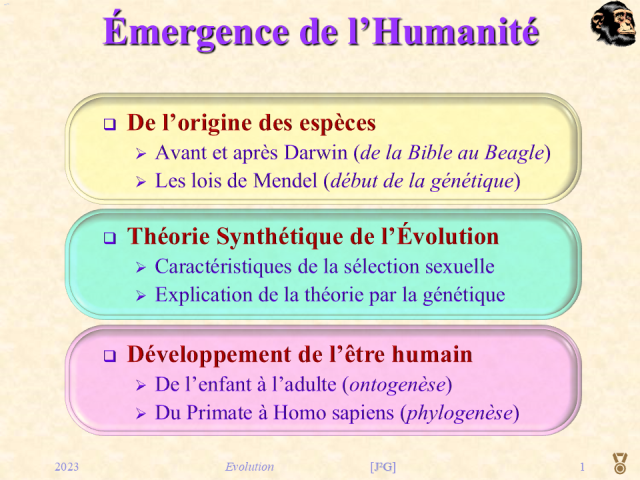 Agenda de la conférence n°5 avec 3 sections distinctes. Darwin et Mendel sont les personnages clés de cette conférence.