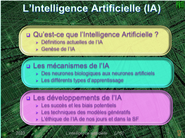 Agenda de la conférence n°9 avec 3 sections distinctes, dont l'une détaillée sur les différents modes d'apprentissage, et une autre prenant l'exemple de ChatGPT pour les IA génératives.