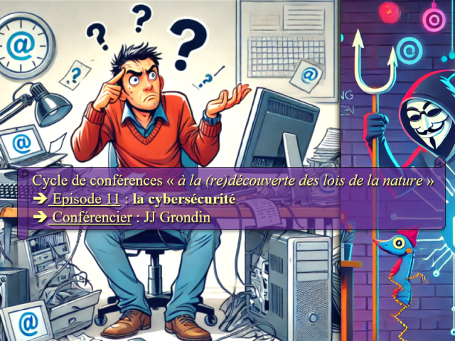 Affiche de la conférence n°11 générée par IA, elle est supposée représenter un internaute interrogatif suite à des menaces sur son ordinateur, généré par le hacker de droite.