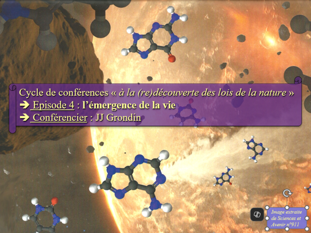Affiche de la conférence n°4, elle montre le cas de la panspermie venant de l'espace, une des possibilités pour l'émergence de la vie sur Terre.