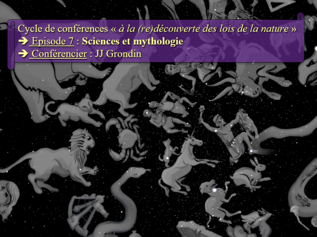 Affiche de la conférence n°7, elle montre une portion du ciel avec les images représentant les constellations telles que perçues dans l'Antiquité.